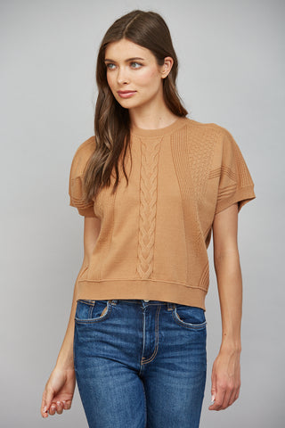 FATE camel short sleeve cable knit crop sweater with mixed texture detail