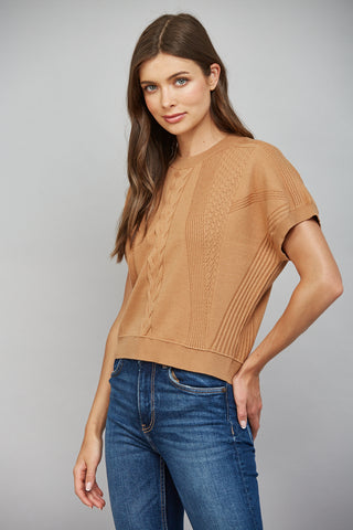 Camel mixed knit short sleeve cropped sweater with cable and ribbed detail