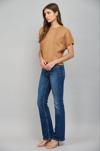 FATE Mixed Knit Short Sleeve Sweater in camel with cable knit front detail