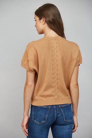 Camel short sleeve cable knit sweater with mixed knit texture, back view