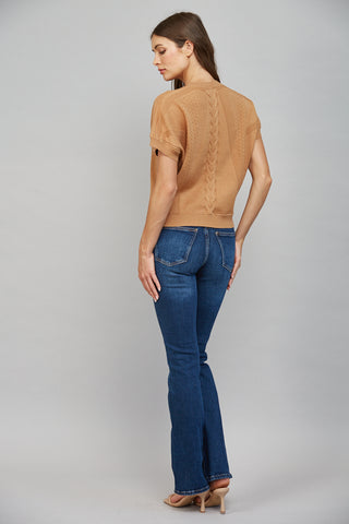 Camel mixed knit short sleeve cropped sweater with cable knit back detail