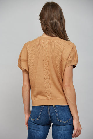 FATE camel mixed knit short sleeve sweater with cable knit back detail