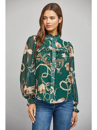 Green floral and chain print chiffon blouse with ruffled high neckline, front view close-up