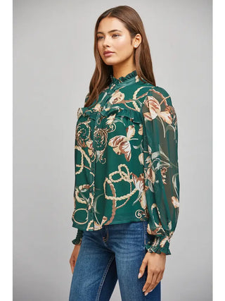 Green floral and chain print chiffon blouse with ruffled high neckline, side view