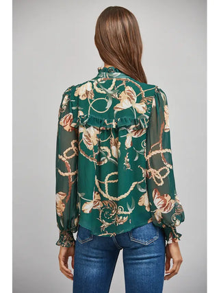 Green floral and chain print chiffon blouse with ruffled high neckline, back view