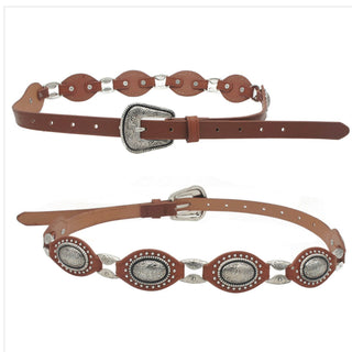 Joia brown leather western belt with silver oval concho medallions and engraved buckle