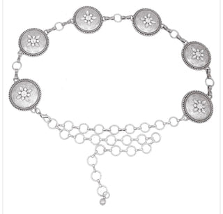 Joia silver concho chain belt with floral medallions and adjustable ring chain extender