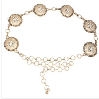 Gold concho chain belt with six jeweled floral medallions and adjustable ring closure