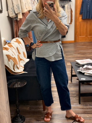 The Oversized Navy Stripe Button Down Top