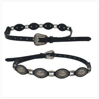 Black faux leather belt with silver oval concho embellishments and engraved buckle