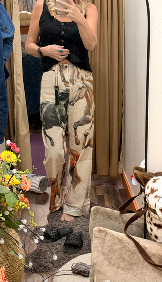 The Vintage Running Horse Print Wide Leg Jeans