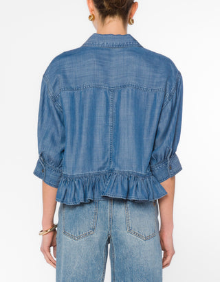 Velvet Heart Georgina cropped chambray shirt with ruffle hem, back view