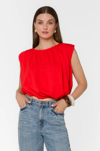 Velvet Heart red sleeveless bubble top with gathered neckline and shoulder padding