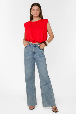 Velvet Heart Red Bubble Top, sleeveless with gathered neckline and padded shoulders
