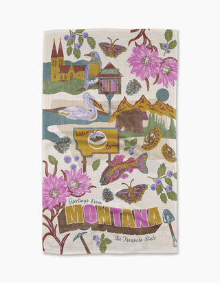 Decorative greeting card with illustrations of Montana-themed elements on a white background