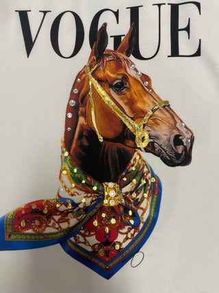 Horse head with decorative bridle and scarf on a Vogue background