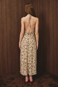Beige floral halter neck midi dress with open cowl back and tie detail