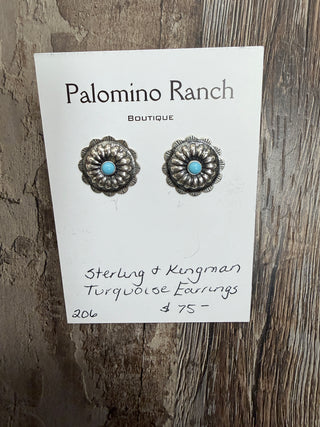 Sterling silver concho stud earrings with Kingman turquoise centers and scalloped edges