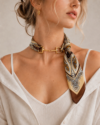 Paisley silk scarf necklace with gold horse bit hardware in brown and cream