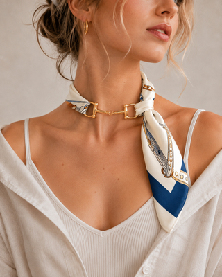 Sessori Horse Bit Silky Scarf Necklace in white and navy blue equestrian print