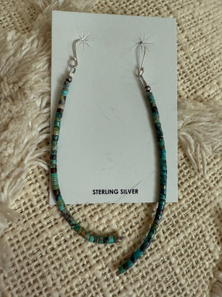 Navajo handmade sterling silver dangle earrings with multicolor turquoise heishi beads