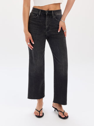 Women's high-rise wide ankle jeans in washed black with raw hem and button closure