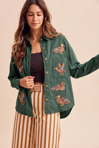 Annie Wear Mallard green corduroy button-up shirt with embroidered duck pattern