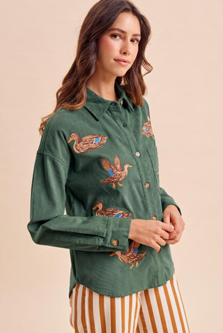 Annie Wear Mallard green corduroy shirt with embroidered duck pattern and button front