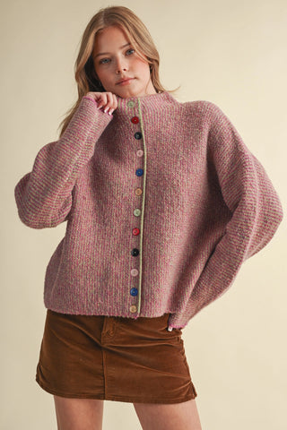 Fuschia multicolor knit cardigan with colorful buttons and lime green trim detail