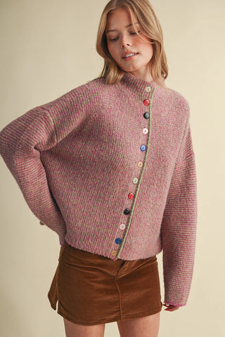 Fuchsia multicolor knit cardigan with colorful mismatched buttons and lime green trim
