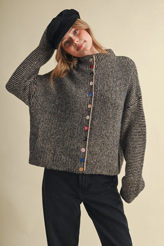 Black and taupe marled knit cardigan with multicolored buttons and boxy fit