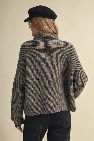 Black and taupe marled knit button cardigan with mock neck, back view