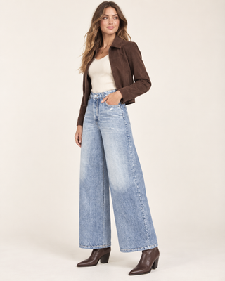 Light blue washed denim print wide leg sweatpant jeans with high waist