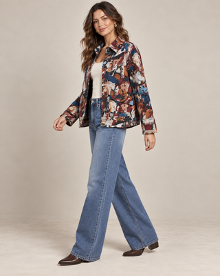 Navy red floral tapestry cropped jacket with collared neckline and long sleeves