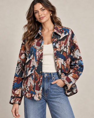 Navy red abstract tapestry button-front cropped jacket with multicolor pattern