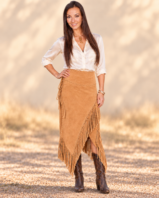 Scully tan suede asymmetrical wrap skirt with layered fringe hem and braided waist detail