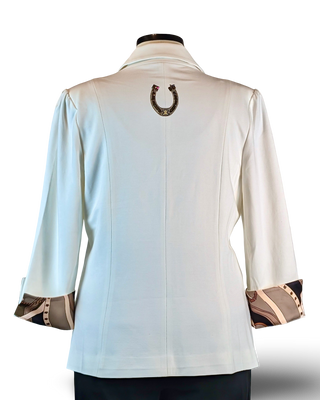 Ivory blazer back view with horseshoe appliqué and printed silk cuffs