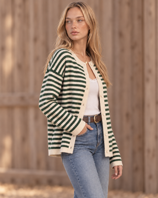 Hunter green and cream striped button-front knit cardigan with ribbed cuffs and hem