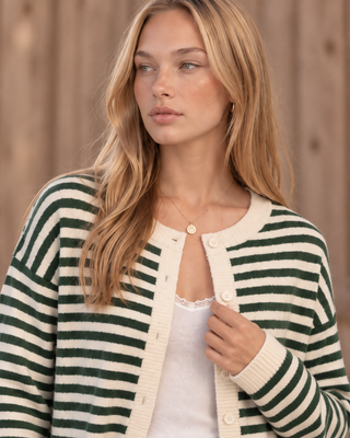 Hunter green and cream striped button-front cardigan sweater with ribbed cuffs