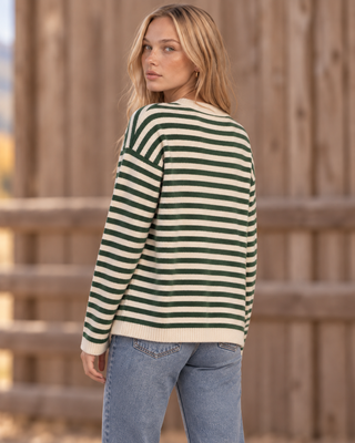 Hunter green and cream striped knit cardigan with long sleeves and ribbed hem