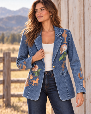 Blue denim blazer with western floral embroidered patches, single button closure