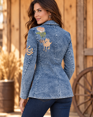 Women's blue denim blazer with floral and horse embroidery, western style