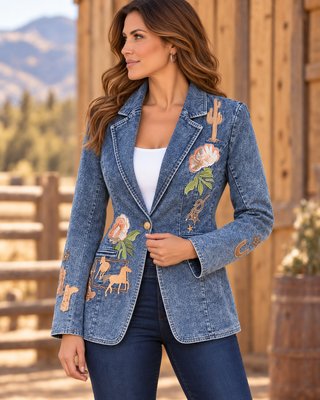 Blue denim blazer with western floral embroidery, cactus, horse, and horseshoe patches