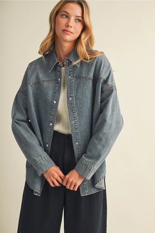 Oversized washed denim long sleeve tunic shirt with studded western yoke detailing