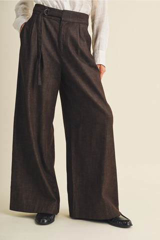 Wide leg espresso brown pleated trousers with buckle detail and side pockets