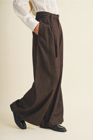 Wide leg espresso brown linen pants with buckle detail and front pleats