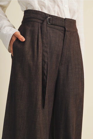 Dark brown wide leg trousers with buckle detail and front pleats