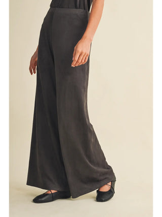 Steel wide leg high waist satin pants with fluid drape, floor length