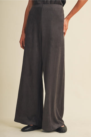 High waist wide leg steel gray satin pants with fluid drape and clean front seam