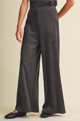 High waist wide leg steel gray satin pants with flared silhouette